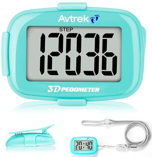 AVTREK Compteur de pas avec clip et cordon, podomètre 3D avec affichage de l'heure et rétroéclairage LED, compteur de pas simple pour la marche, la course à pied, hommes, femmes, personnes âgées