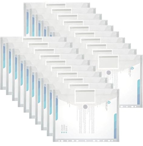 ASelected 20 Stück Dokumententasche A4 Transparent Druckknopf A4 Dokumentenmappe Sammelmappen für Dokumente Organisieren mit Lochrand Klettverschluss und etikettentasche