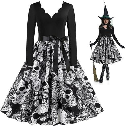 Costume d'Halloween Pour Femme Noir Halloween Cosplay Cocktail Party Crâne et Jupe à Motif Rose, Modèle à Col en V Carnaval Costume De Fête à Manches Longues, Avec Ceinture Noire Robe Longue élégante