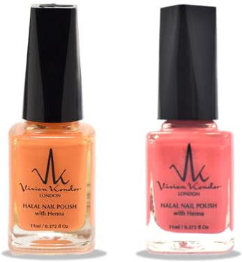 (2Pcs Set) Henna Infused Halal Nail Polish Permeable Nail Polish Vegan Long lasting Nail polish (Coral Reef, Amber)