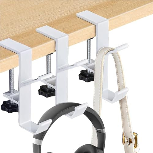 YUANQIAN Clamp-On Under Desk Headphone Holder Backpack Hook Students' Desk Hook with Adjustable Arm Clamp Women's Bag Handbag and Purse Holder -Suitable for Plate Between 1-5cm (3Pack White, 3)