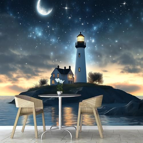 Fototapete Sternenhimmel Weißer Leuchtturm 3D Effekt 300×210cm, Inseln Foto Tapete Wohnzimmer Schlafzimmer Flur Modern Wand Dekoration Tapete Wandtapete