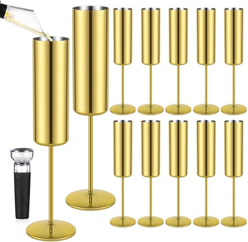 Qtencas Champagnergläser aus Edelstahl, isoliert, 170 ml, unzerbrechlich, wiederverwendbar, für Party, Hochzeit, Geburtstag, Weihnachten, Jahrestag, Gold, 12 Stück