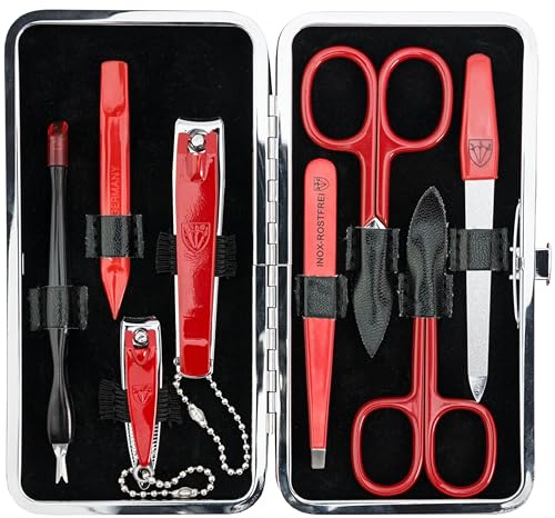 3 Swords Germany - brand quality 8 piece manicure pedicure grooming kit set for professional finger & toe nail care scissors clipper fashion leather case red - Made by 3 Swords