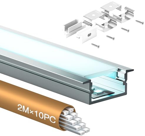 Shine Plus LED Profil U-Form 2 m x 10 Stück, Schiene aus eloxiertem Aluminium, kanal für Streifen bis 15mm, diffusor für gleichmäßige Lichtverteilung (10 × 2Meter)