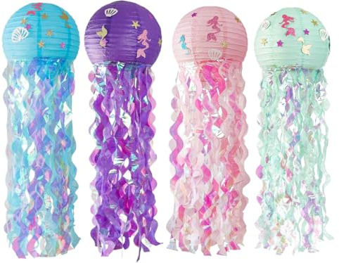 Hitopin 4 Stück Meerjungfrauen Papier Laterne,Quallen Papierlaternen,Papier Laterne,Hängedekoration Papier Lampions,Meerjungfrau Papierlaternen Deko,Partyzubehör mit Meeresmotiven Ozean Thema Party
