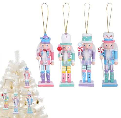ULTECHNOVO 4Pcs Wooden Christmas Nutcracker Soldier Ornaments, 13cm / 5 Pink Candy Themed Christmas Tree Decorations, Hanging Soldier Figures in Festive Xmas Designs