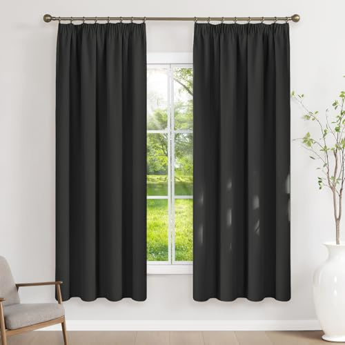 Runyéla Vorhänge Blickdicht mit Kräuselband Thermovorhänge Kälteschutz | 180Hx120Bcm,Schwarz,2er Set,Verdunkelungsvorhänge für Schienensystem,Gardinen für Wohnzimmer,Blackout Curtain