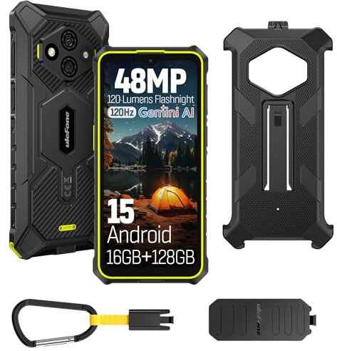 Ulefone RugKing 3 Pro Rugged Smartphone, 128GB/2TB TF, Android 15 SIM Free Mobile Phones Unlocked, 48MP 6.56 IP68 Waterproof Outdoor Armor Tough Phone, 4G 3-Card Slot, Dock Charging, NFC, Green