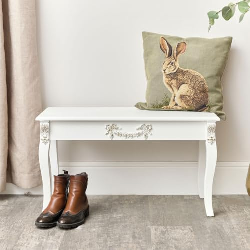 Melody Maison Ornate White Detailed Bench with Wooden Top - Pays Blanc Range
