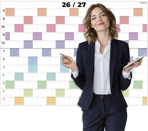 PACKLIST® Akademiskt Kalender 2026 2027 Vägg XXL - 84,1x59,4 cm DIN A1 Vikbar - Akademisk Planering Kurs Familj Årskalender - Premiumpapper 160g Skrivbart Månadsorganiserare Hållbar
