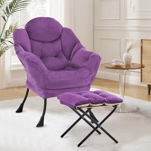 XH.Easy Go Lazy Chair mit Ottomane, Sessel Wohnzimmer Ohrensessel mit Hocker, Lesesessel Bequem Armchair Lounge Sessel mit Fußhocker, Relaxstuhl Relaxsessel mit Fußstütze, Seitentasche, Lila