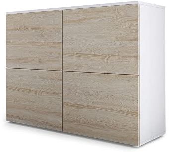 Vladon Sideboard Rova, Made in Germany, Kommode mit 4 Türen, Weiß matt/Eiche Sägegrau (92 x 72 x 35 cm)