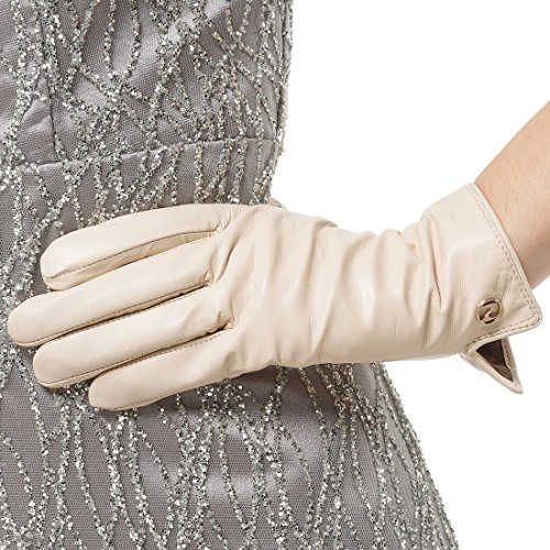 Nappaglo Damen Italienisches Lammfell Leder Handschuhe Touchscreen Winter Warm Langes Fleecefutter Handschuhe (L (Umfang der Handfläche:19.0-20.3cm), Weiß(Non-Touchscreen))