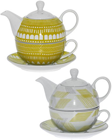 DONREGALOWEB Set de 2 Tazas con Tetera y Plato de Porcelana con Dibujos Verdes