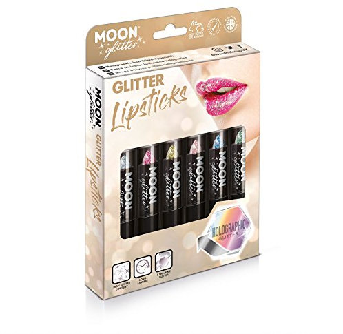 Holographischer Glitzer Lippenstifr von Moon Glitter - 5gr - Geschenkset mit 6 Lippenstiften - Silber, Pink, Gold, Roségold, Blau und Grün
