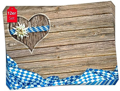 Tischset I Platzset - Bayerisches Motiv mit Herz und Edelweiß - 12 Stück 44 x 32 cm aus Premium Naturpapier - die besondere Motto-Tischdekoration fürs Weisswurstfrühstück