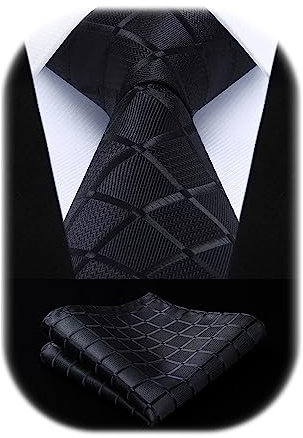 HISDERN Extra Long Check Plaid Tie Handkerchief Funeral Men's Necktie & Pocket Square Set For Formal Business Black