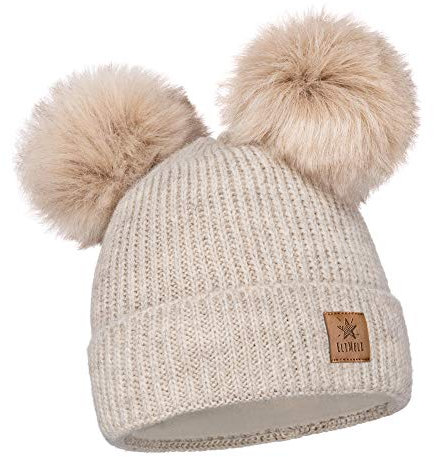 ELIMELI Kinder Mütze für Mädchen warme gestrickte Wintermütze mit Zwei Bommeln Perfekt Beanie für Winter und Herbst 17223 (Beige)