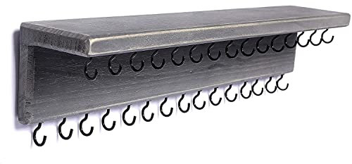 San Dayo Home Schmuck-Organizer mit 30 Haken und Kosmetikablage, 38,1 x 7,6 x 10,2 cm, Wandmontage, rustikales Kiefernholz, Halter für Ketten und Armbänder, geeignet für Kinder und Erwachsene (grau)