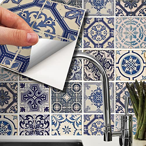 Walplus Adhesivos Para Azulejos Vinilo Adhesivo Estampado Losetas Adhesivas Pared Cocina Decoracion Protector No Tóxicos Fácilmente Extraíble Malaga Spanish Blue 24Pcs 15Cm(6) Multicolor