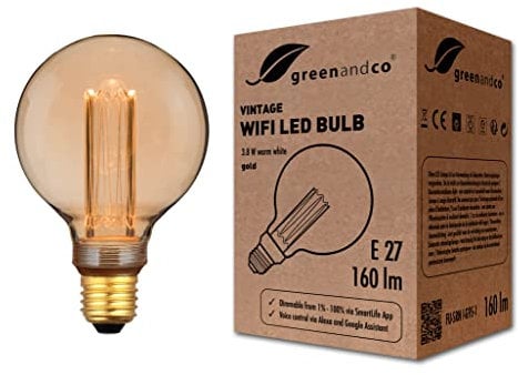 greenandco Smart WiFi Vintage Design LED Lampe | E27 G95 | 3,8W 160lm | 1800K | 320° | 230V | flimmerfrei | dimmbar | kompatibel mit Alexa und Google Assistant | WLAN (ohne Hub)