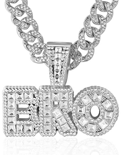 Halukakah ● BRO ● Goldkette für Herren Platin Weißgold-Finish Iced Out Anhänger Halskette,Volle Cz-Labordiamanten Zinken-Set,14mm Kubanische Gliederkette 45cm,Kostenlose Geschenkbox