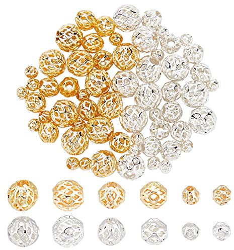 PH PandaHall 3 Sizes 18K Gold Plated Beads 60pcs Round Hollow Bead, Golden Silver Filigree Bead Metal Spacer Beads for DIY Crafts Summer Bracelets Necklaces Earrings Jewellery Making, 4/6/8mm