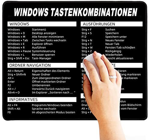 Mauspad 25x20 cm, Klein Rechteckig Gaming Mousepad mit Windows Tastenkombinationen 250 x 200 mm für Computer PC Laptop Maus, Schwarz rutschfest Mouse Pad Matte Gamer Büro Geschenke