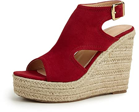 HIONRE Sandali Donna con Zeppa Corda,Scarpe da Donna con Fibbia in Corda di Canapa, Sandali con Tacco Alto e Plateau, Rosso, 38,Sandali con Zeppa Donna Comode Cuoio