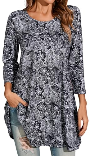 Enmain Womens Tunic Top 3/4 Long Sleeve Tunics for Women UK Plus Size Round Neck Longline Tops for Leggings Ladies Swing T-Shirt Casual Loose Black Paisley Pattern Blouse T Shirts 2XL