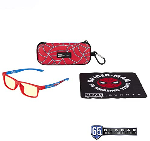 Gunnar Gaming- & Computerbrille | Model: Cruz Kids Large (age 12+), Rahmenfarbe: Spider-Man, Linsenfarbe: Amber (Blockiert 65% Blaulicht & 100% UV-Licht) | Anti-Blaulicht-Brille | Patentierte Linse