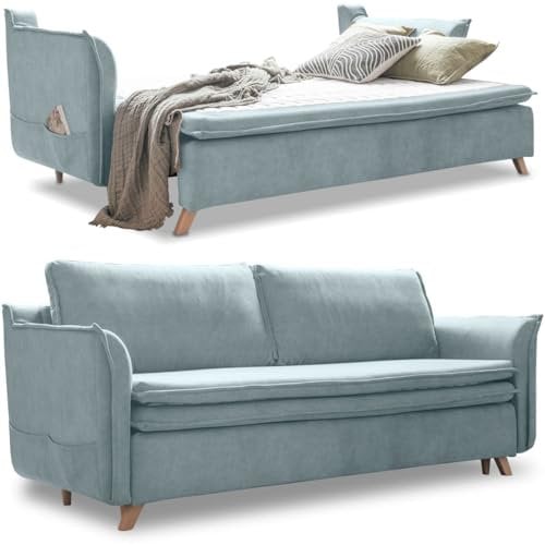 MIUFORM Charming Charlie Slim mit Bettkasten | 3 Sitzer Sofa | 225 x 90 x 85cm Couch | Klappsofa mit Schlaffunktion (Pastellblau)