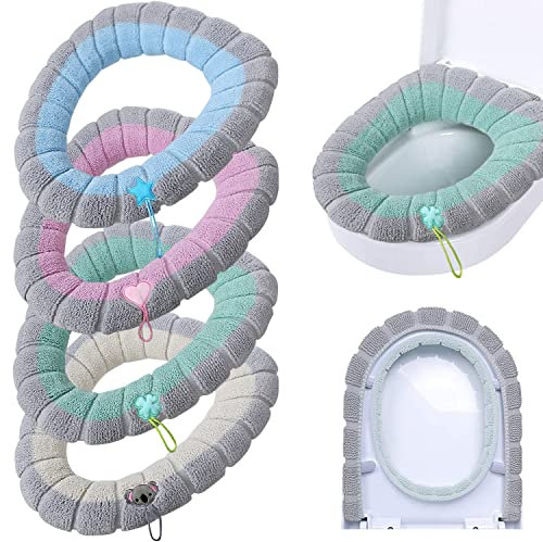 BTHEONE 4 Stück Toilettensitzauflage WC-Sitzbezüge mit Griff Weich Badezimmer Toilettendeckel Abdeckung Kissen Dicker Dehnbar Waschbar Universalgröße