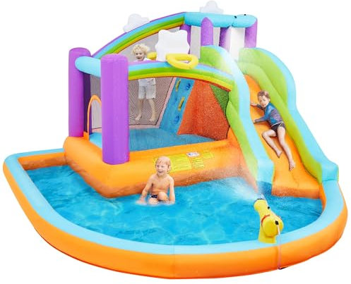 Yaheetech Bounce Castle, Inflatable Water Slide w/Bouncy House for Kids Aged 3-10, 3.7×3.9×2.4M Kids Inflatable Slide Bouncer w/Toys & Large Splash Pool & 550W Blower & Storage Bag