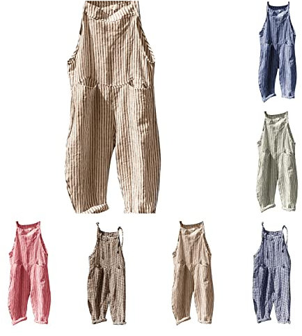Latzhose Damen Arbeitshose Sommer Stoff-Latzhose Lang Vintage Sommeroveralls Für Frauen Leinen-Latzhosen Baggy Hosen Große Größen Jumpsuit Arbeitslatzhose-Damenoveralls/Arbeitsoverall/Jumpsuits
