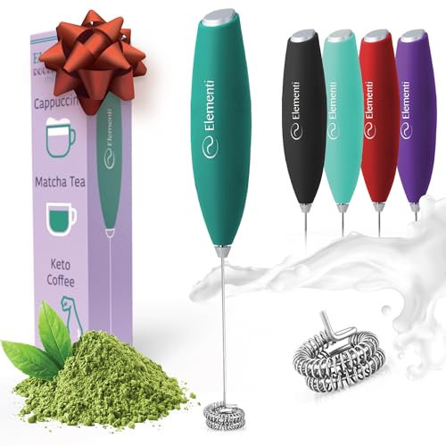 Elementi Milk Frother Handheld - Powerful Mini Coffee Frother Whisk - Hand Held Coffee Whisk Electric & Frappe Maker - Drink Mixer, Stirrer & Electric Milk Foamer (Double Whisk, Emerald Green)