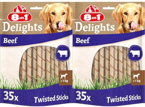 8in1 Delights Beef Twisted Sticks - gesunde Kaustangen für Sensible Hunde, hochwertiges Rindfleisch eingewickelt in Rinderhaut, 35 Stück (Packung mit 2)