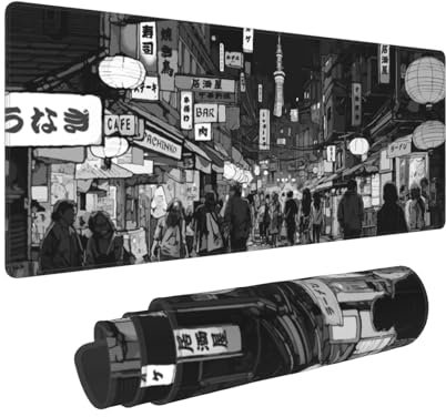 Black White Japanese Anime Mouse Pad 31.5x11.8 XL Street Design Kawaii Style Extended Mousepad Large Keyboard Mouse Mat Desk Pad with Non-Slip Rubber Base Stitched Edges for Home Office Game