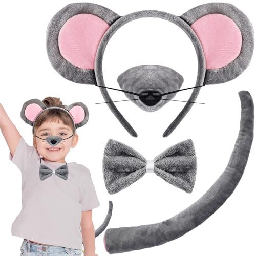 KMLGY 4Pcs Mouse Ears and Tail Costume Set Rat Ears Headband Nose Bowtie Tails Fancy Dress Accessories for Kids Adults World Book Day Cosplay Birthday Party Dress Up