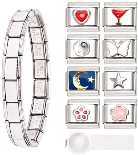 Italian Charms Bracelet, 8 Zusätzliche Module Mit Öffnungswerkzeugen, 9mm Abnehmbar für Armbänder, Edelstahl Charm, Style für Damen (C)