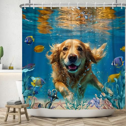 ASDCXZ Duschvorhang Hund 180x180 cm, Lustig Hund Glücklich Schwimmen Unterwasserwelt Bunt Ozean Fisch Waschbar Bad Duschvorhänge Polyester Textil Wasserdicht Duschvorhang für Badewanne mit 12 Haken