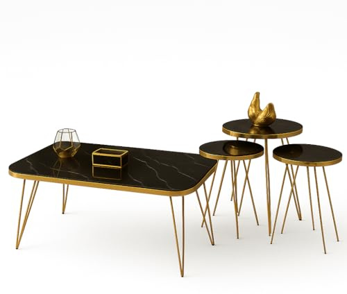 Jungengel Couchtisch Set 4-teilig Marmor-Optik SCHWARZ Beistelltisch - Wohnzimmertisch Sofatisch Metallrahmen Ablage platzsparend modern Satztische