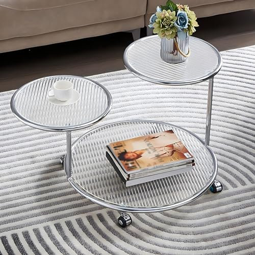 FGDIUCVN Table Basse en Verre trempé, Table d'appoint Ronde avec roulettes, Table de canapé Extensible à Plateau relevable, Tables d'appoint rotatives Mobiles, Table d'appoint pour Meubles