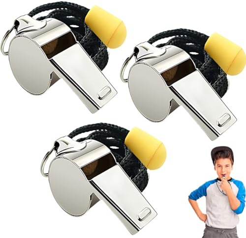 SULIUDAJI Whistle, 3Pack Stainless Steel Sports Whistles with Lanyard Loud Crisp Sound Great for Coaches, Referees and Officials (Silver(Stainless Steel)