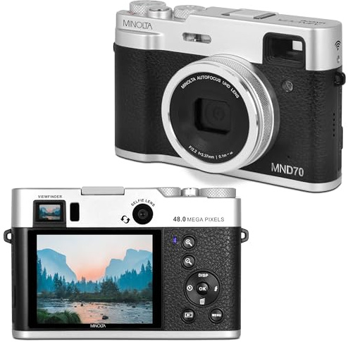 Minolta Retro Digital Camera – 48MP Autofocus Compact with 5K Ultra HD Video, Rear Selfie Lens, 16x Zoom, WiFi, 2.8-inch LCD Screen, Digital Stabilization, Optical Viewfinder, 32GB Card (Silver)