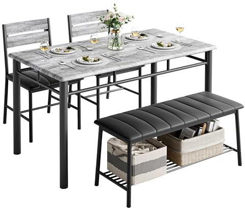 IRONCK Dining Table Set for 4, Kitchen Table with Upholstered Bench and 2 Chairs, Kitchen Table and Chairs Set for Small Space, Apartment, Gray