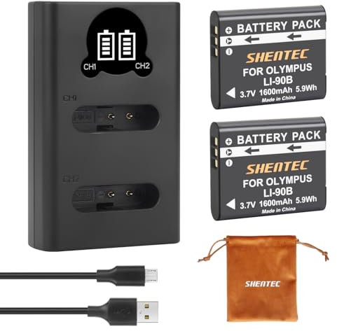 2Pack Shentec 3.7V 1600mAh Li-90B Li-92B Akku und Ladegerät Kompatibel mit Ricoh GR III, GR IIIx, Theta X, WG-6, G900 II, G900SE II, kompatibel mit Olympus TG7/6/5/4/Li-90B/Li-92B