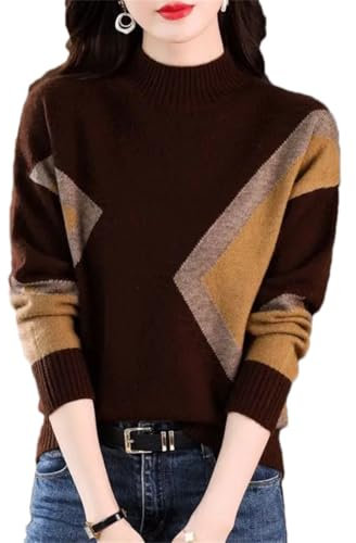 Donna Abbigliamento Commute Colore Contrasto Inverno Mezzo Collo Alto Filo Vite Pullover Manica Lunga Maglione Maglia Top, Marrone, M