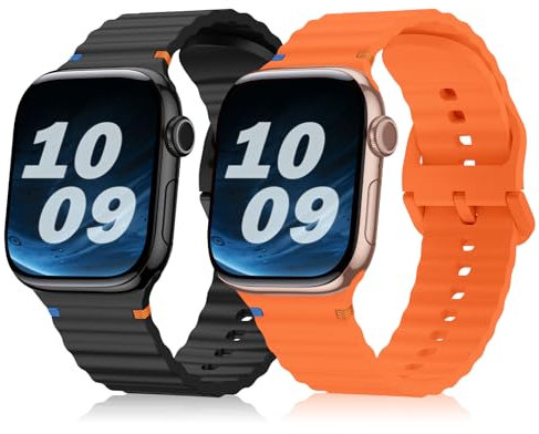 Hinnwer Bracelet Compatible avec Apple Watch 46mm 45mm 44mm 42mm 49mm, 2 Pièces Bracelet Sport Silicone pour iWatch Ultra 3 2 1 SE 3 2 SE Series 11 10 9 8 7 6 5 4 3 2 1 Noir Orange